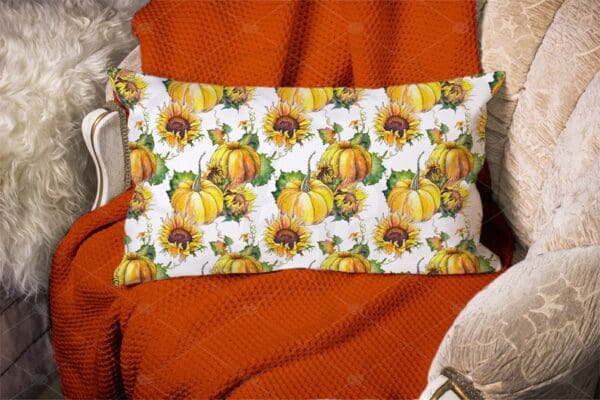 Linen Lumbar Pillow Cover with Fall Pumpkins Design