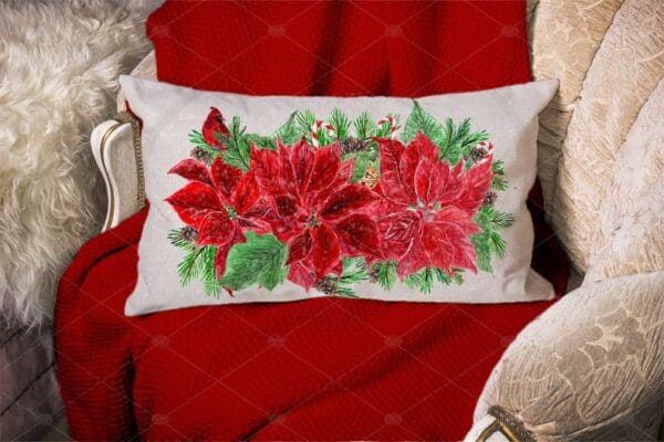 Linen Lumbar Pillow Cover with Holiday Flowers Design