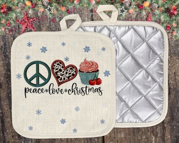 Linen Pot Holders Peace Love Christmas