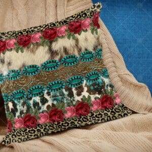 Western Rose Turquoise Leopard Linen Pillow Cover