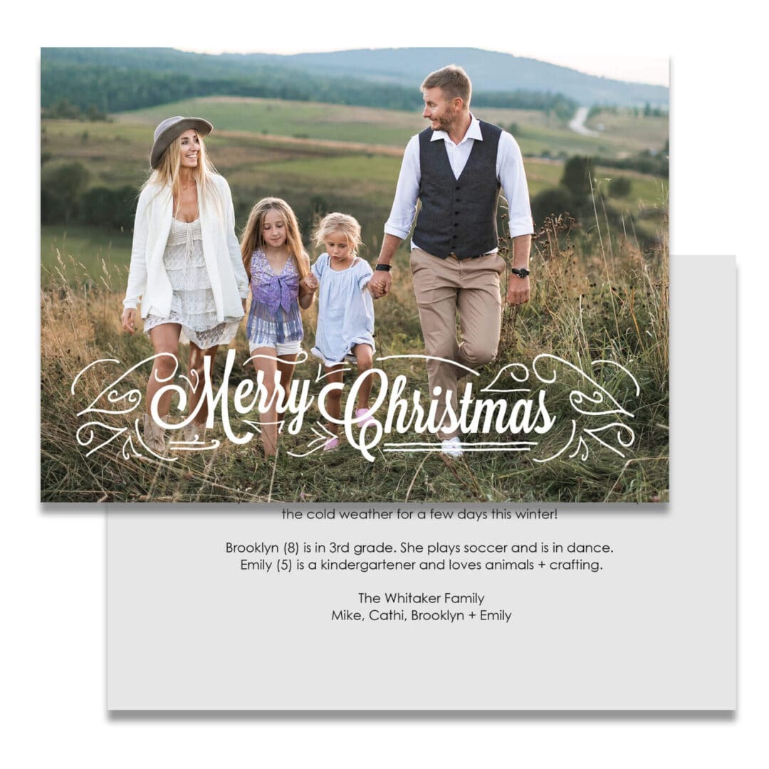 A merry Christmas card with a family of four on it.