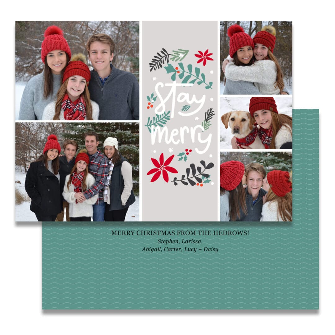 A merry christmas card with a family of sfive on it.